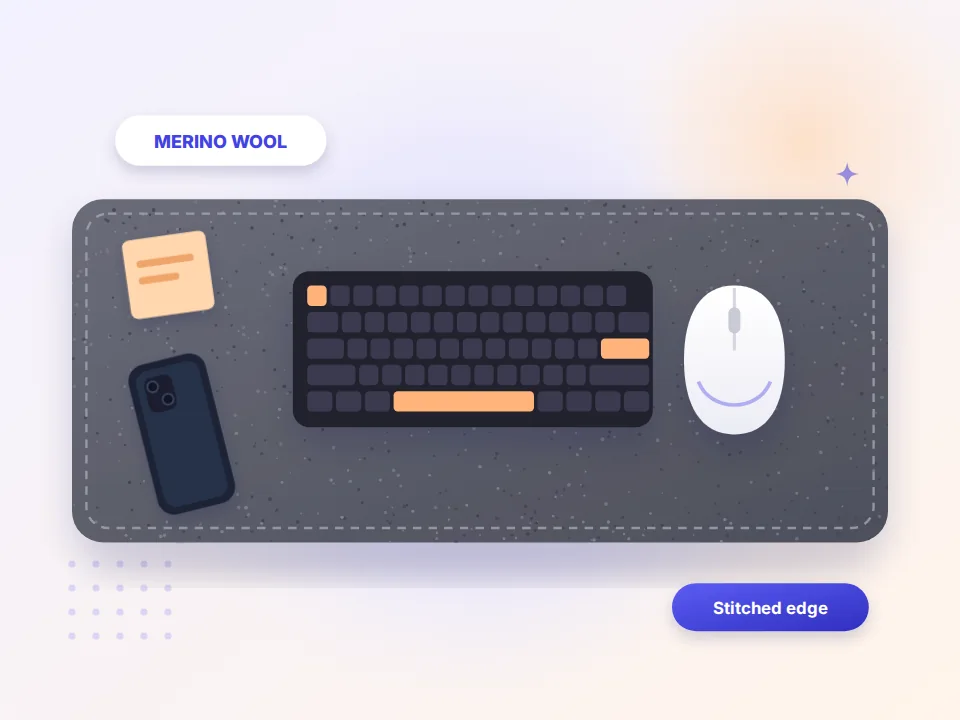 Gray merino wool felt desk pad with a keyboard, mouse and phone (illustration)