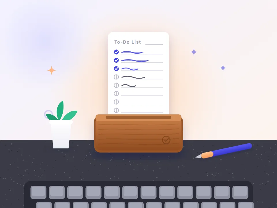 Wooden desk to-do pad holding a to-do list card in front of a keyboard (illustration)