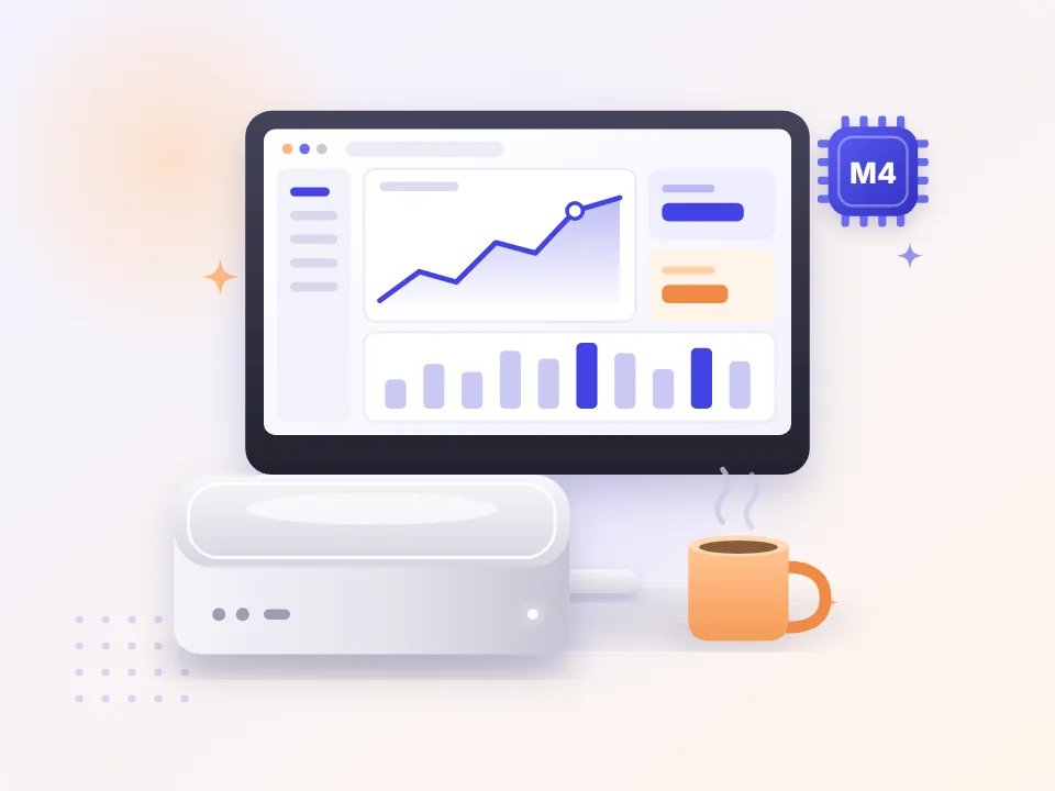 Mac mini M4 desk setup with a monitor showing an SEO dashboard (illustration)