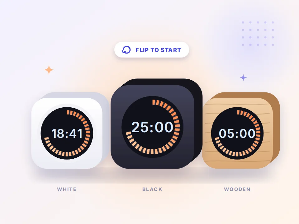 Physical pomodoro timers in white, black and wooden finish (illustration)