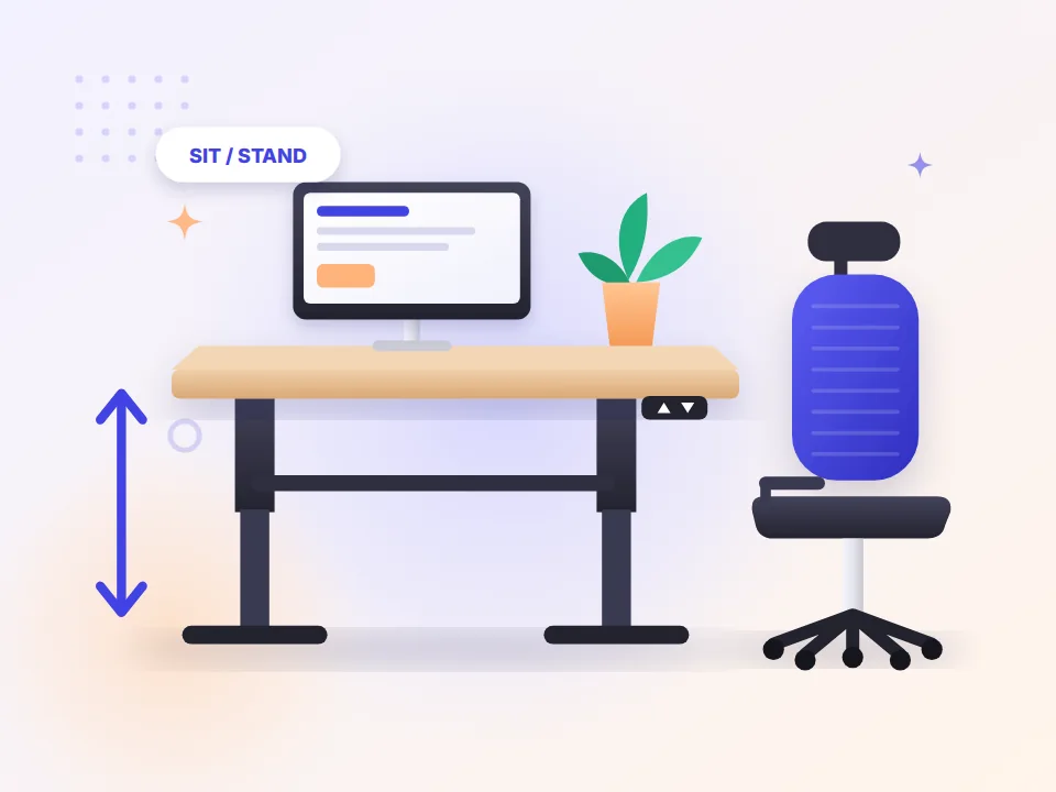 Height adjustable standing desk with an ergonomic office chair (illustration)