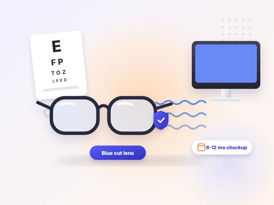 Glasses with blue cut lenses in front of a screen and an eye test chart (illustration)