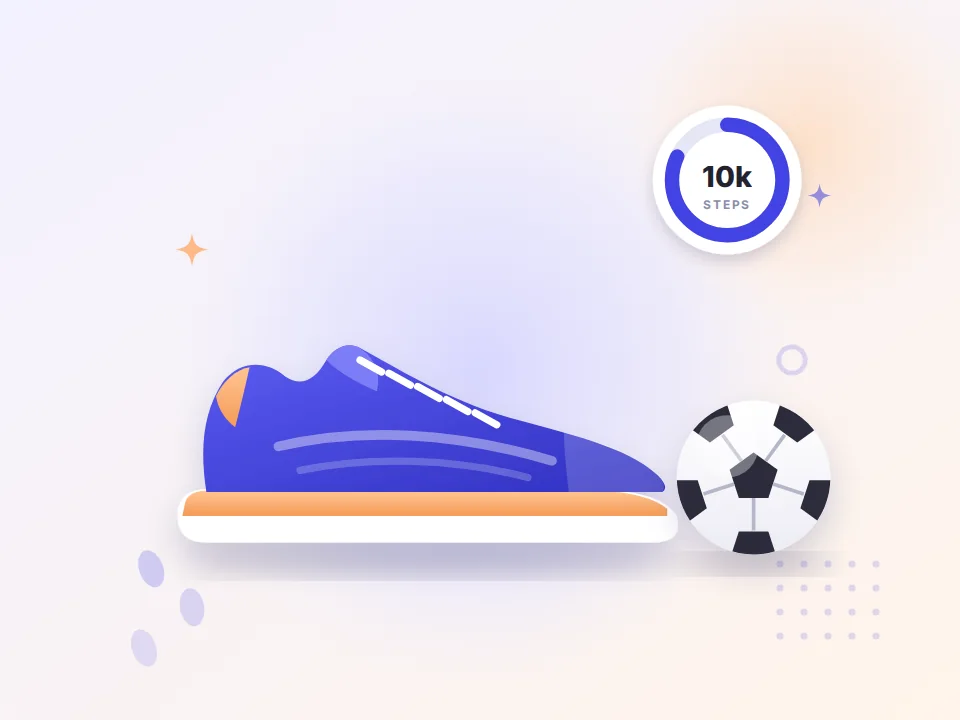 Running shoe, football and a 10k daily steps goal (illustration)