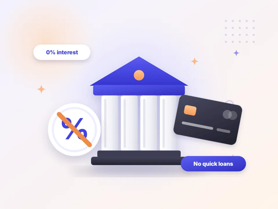 Bank building with a crossed-out percent sign for interest-free banking (illustration)