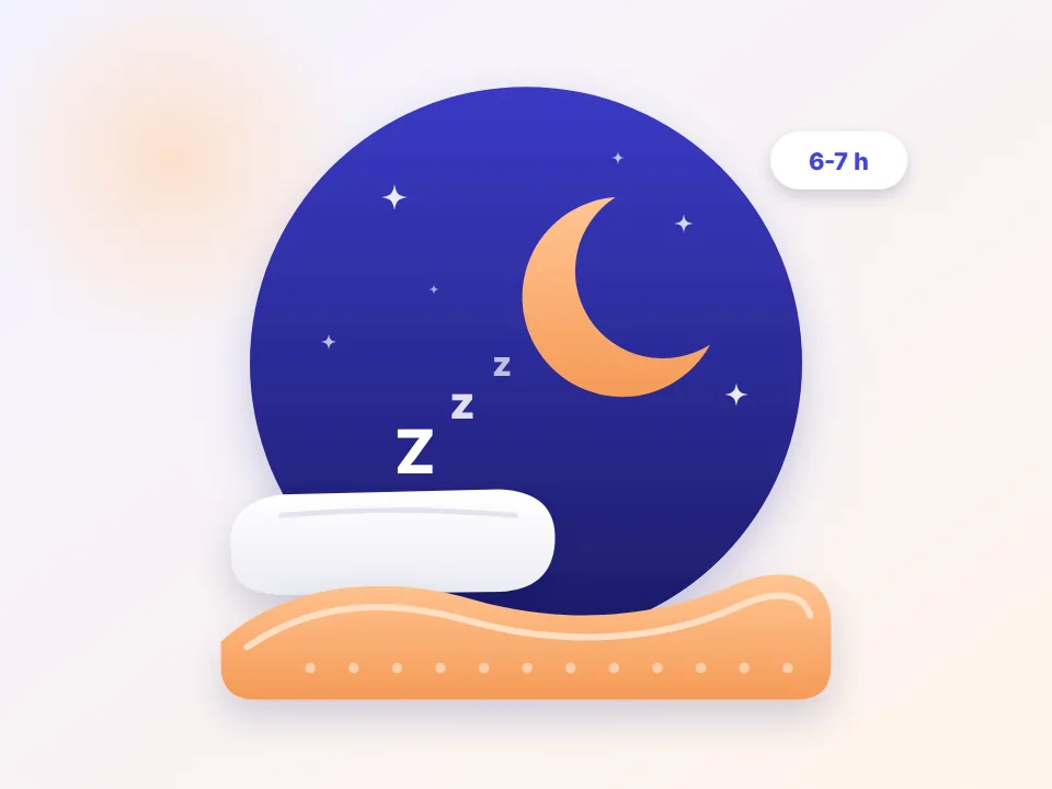 Night sky with a moon and a pillow for 6 to 7 hours of sleep (illustration)