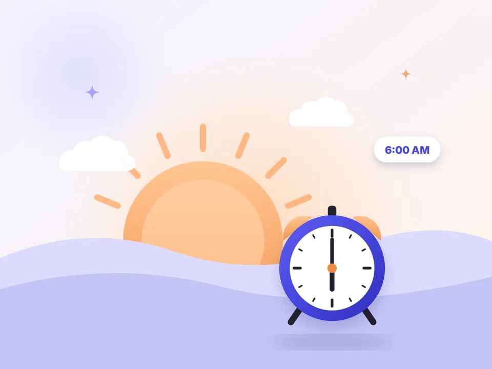 Sunrise and an alarm clock at 6 AM (illustration)