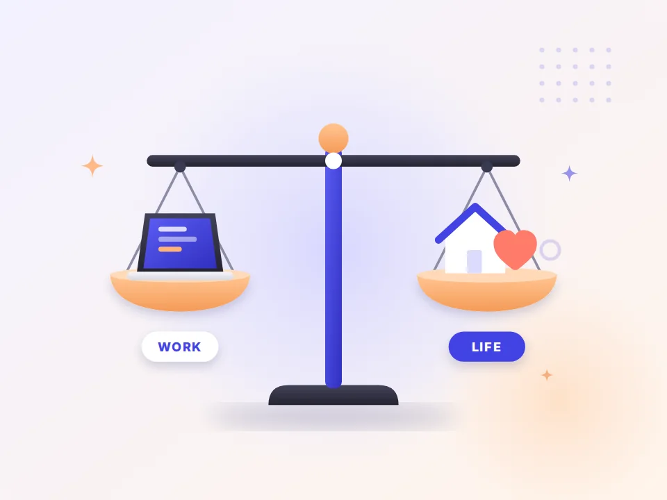 Balance scale with work on one side and home life on the other (illustration)