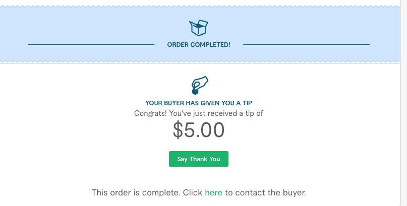 Fiverr order completed notification showing a $5 tip on Touhid's first order